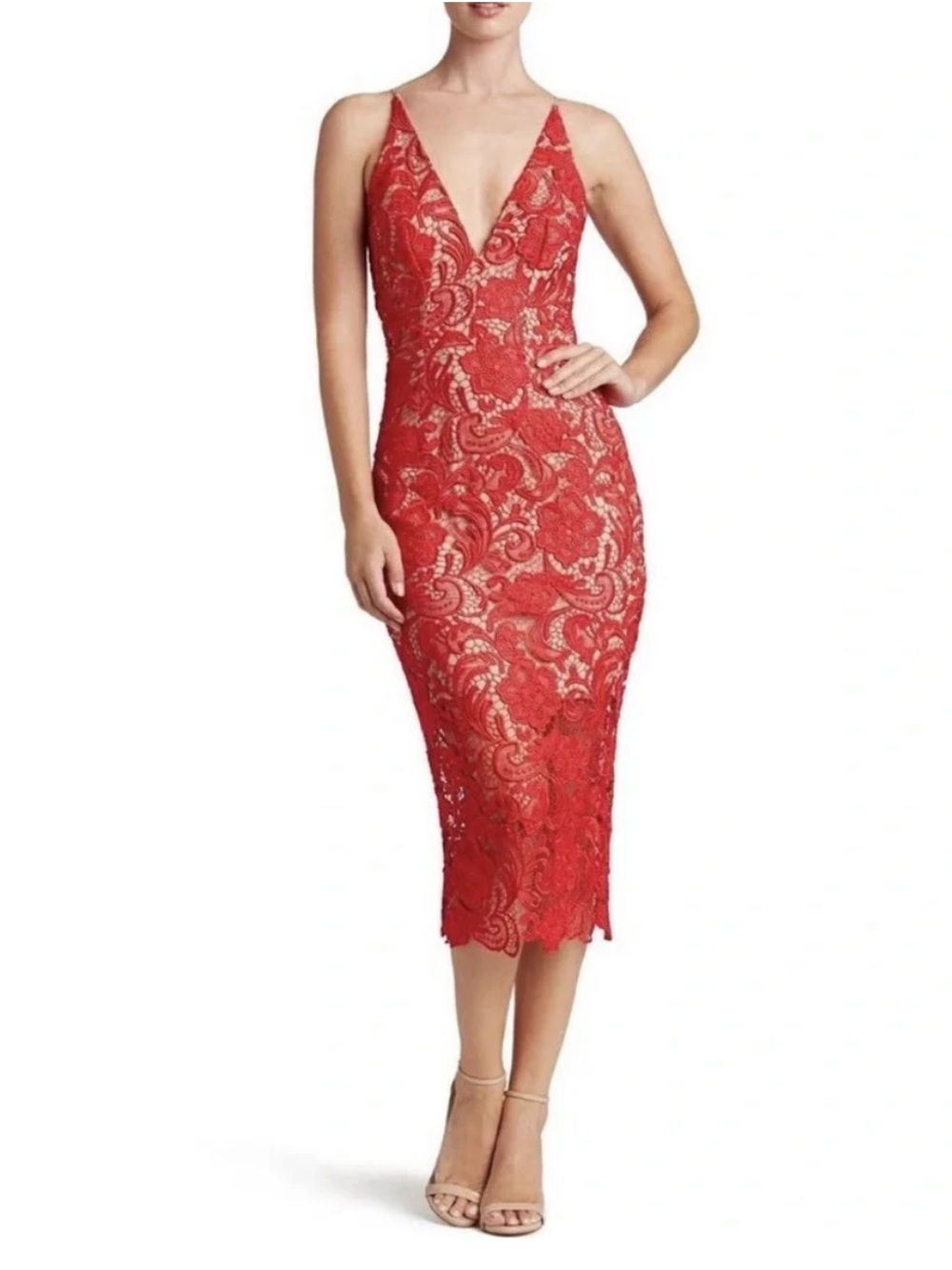 Dress the Population Red Lace V-Neck Midi Bodycon Dress